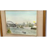 Ron Beardmore, oil, signed, 'Tall Ships below the Tyne Bridge'. 28cm x 38cm