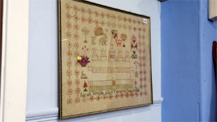 Sampler by Sarah Wright, aged twelve years, dated 1856. 44cm x 55cm