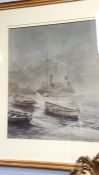 Low Davidson, watercolour, signed, date 1991, 'Sailing Vessel in a foggy harbour'. 38cm x 31cm