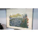 Print, Limited edition, 17/75, signed in pencil by Robert Tavener, 'Country Garden and Cat'. 58cm