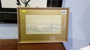Indistinctly signed, watercolour, 'Icebergs'. 12.5cm x 23cm