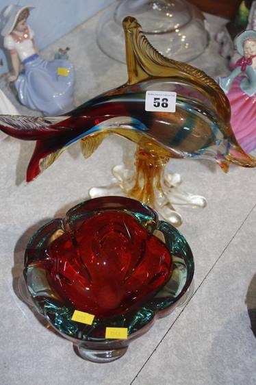 A coloured glass fish and small bowl