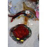 A coloured glass fish and small bowl