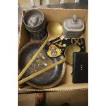 Box of assorted brass scoops etc.