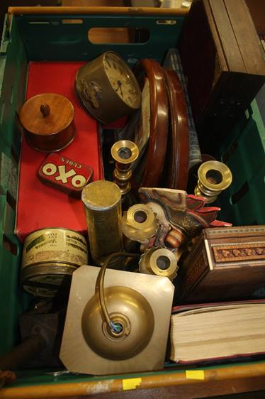 Tray of assorted including brassware, Hornby etc.