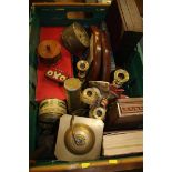 Tray of assorted including brassware, Hornby etc.