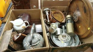 Two boxes including Pewter, spirit kettle etc.