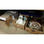Two boxes including wash set, oil lamp etc.