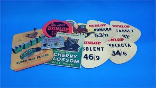 Collection of advertising signs; Dunlop, Cherry Blossom etc.