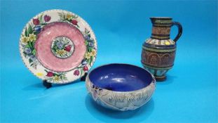 A Royal Doulton stoneware 'Silver Wedding' bowl, a Maling plate and a Continental jug