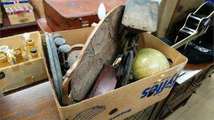 Box of assorted, including a seed drill, globe, lamp etc.