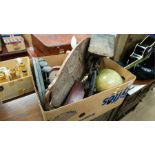 Box of assorted, including a seed drill, globe, lamp etc.