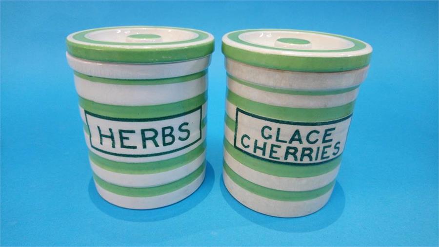 Four green and white striped Maling kitchen storage jars and one other - Image 4 of 6