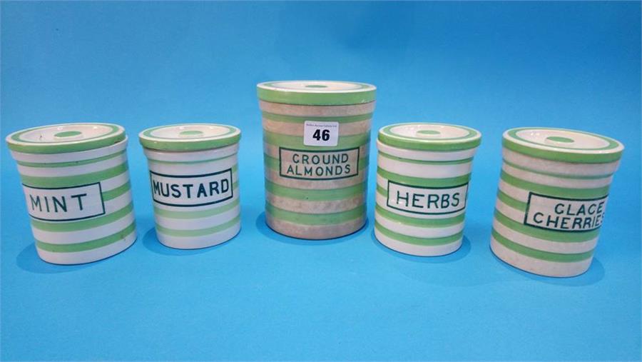 Four green and white striped Maling kitchen storage jars and one other - Image 2 of 6