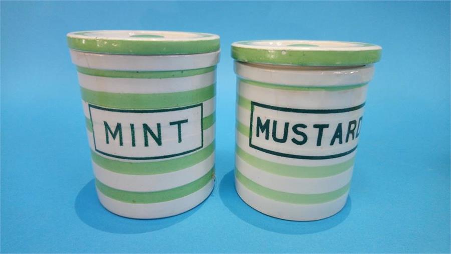 Four green and white striped Maling kitchen storage jars and one other - Image 3 of 6