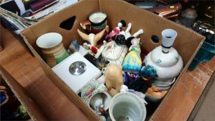 Box of assorted figures, Toby jug etc.