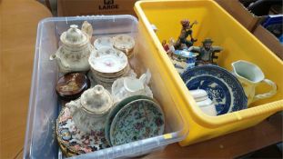 Two boxes of assorted china including , Royal Crown Derby, Canton plates etc.