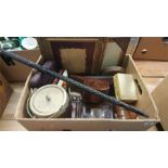 Box of assorted including walking cane etc.