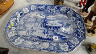 Large blue and white meat plate