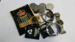 Assorted wristwatches and coins