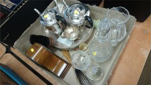 Plated tea set and cut glass etc.