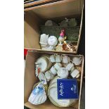 Two boxes of watercolours, Royal Doulton figures, tea set and pictures etc.