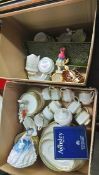 Two boxes of watercolours, Royal Doulton figures, tea set and pictures etc.