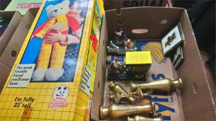 Box of miscellaneous and a boxed Rupert bear