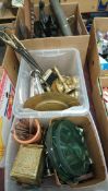 Three boxes of miscellaneous including Marley horses, brassware etc.