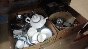 Two boxes of miscellaneous sundries including a Doulton 'Sherbrooke' tea set