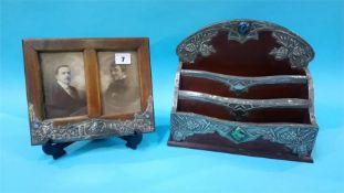 Art Nouveau pewter mounted letter rack and photo frame