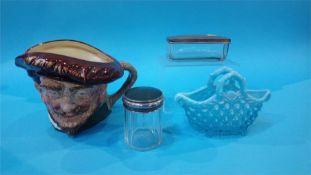 Royal Doulton jug, two silver top jars etc.