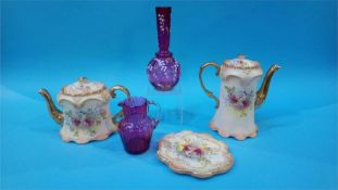 Royal Devon tea and coffee pots, an enamelled vase and a cranberry glass jug