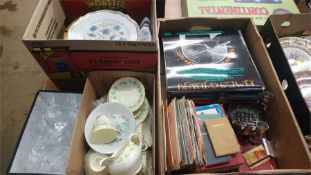 Four boxes including Paragon tea set, glass records etc.