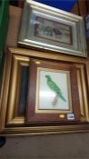 A 19th century watercolour of a parrot, an oil of a horse and another oil of a Cavaliers on