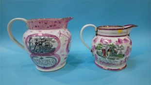 Two Sunderland lustre vases, decorated with various verses, view of the cast iron bridge etc.