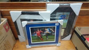 Three signed football photographs to include; Paul Gascoigne, Mark Lawrenson, Gary Lineker and