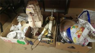 Three boxes of metalware, tea ware and a model ship