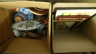 Two boxes of pictures and a box of china