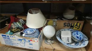 Shelf of assorted blue and white china, cloisonne vase etc.