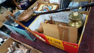 Two boxes containing oil lamp, Metronome, Picquot ware etc.