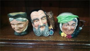 Three Royal Doulton character jugs 'Granny', Merlin and 'Sairey Gamp'