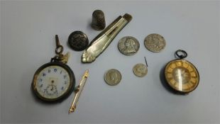 Two pocket watches, mother of pearl fruit knives etc.