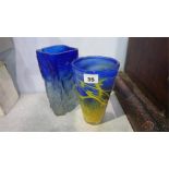A Whitefriars type blue glass vase and a yellow and blue glass vase