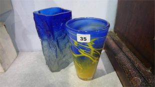 A Whitefriars type blue glass vase and a yellow and blue glass vase