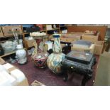 Carved hardwood stand, table lamp etc.