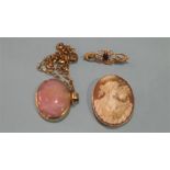 A cameo brooch, 9ct brooch and a gold mounted necklace