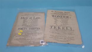 Two theatre playbills for the Scarborough theatre, September 1st 1807 and September 12th 1807