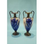 A pair of Doulton Burslem two handled vases, decorated with Irises, printed mark, numbered 6120.