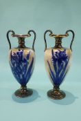 A pair of Doulton Burslem two handled vases, decorated with Irises, printed mark, numbered 6120.